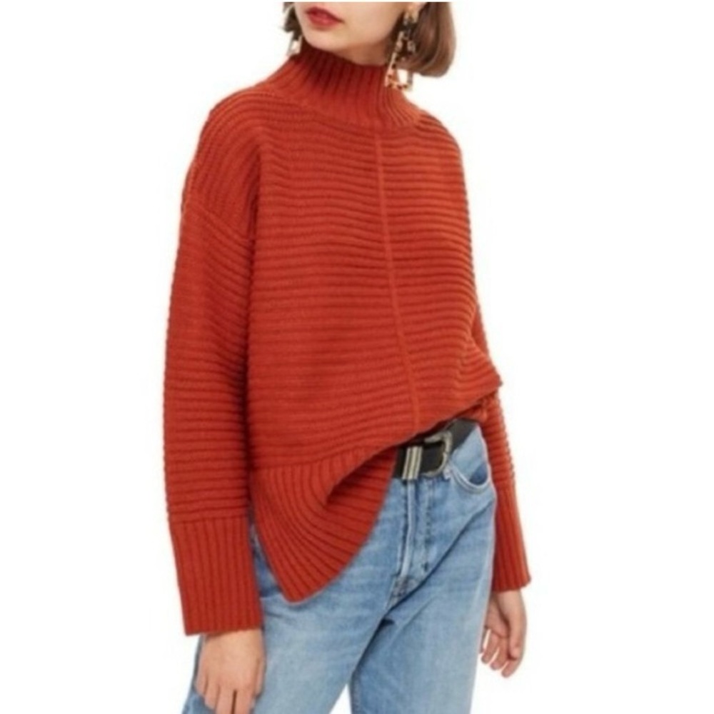 Topshop Oversized Chunky Knit Sweater Ribbed Mock Neck Rust Orange Size 6